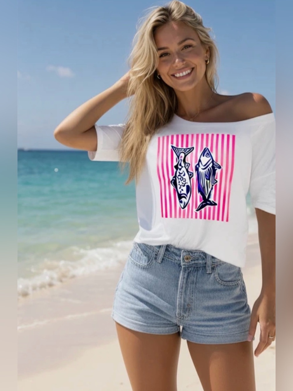 New Sardines off the shoulder Graphic Tee with Pink Stripes size xL